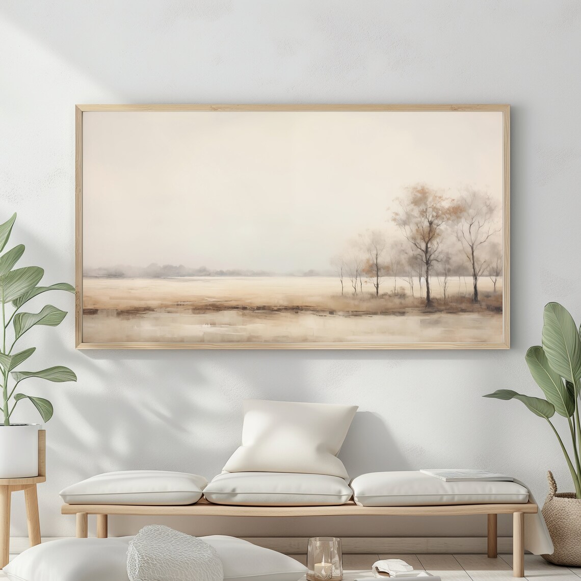 Watercolor Autumn Field Lone Trees Warm Sepia Calm Meadow Scene Poster - Image 2