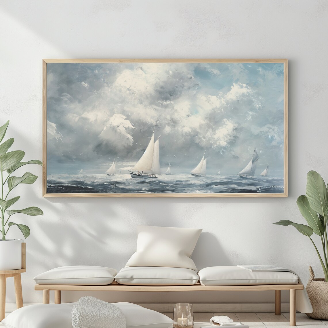 Frame Tv Art Vintage Nautical Oil Painting Summer Sea Art Boat Art Ocean Frame Tv Art Blue Nautical Seascape - Image 2