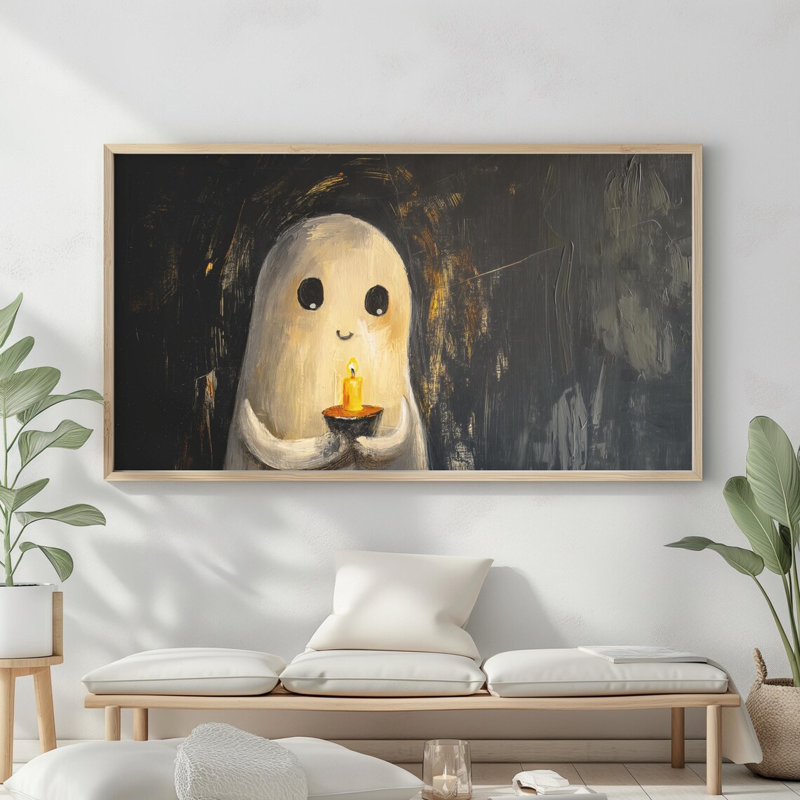 Smiling Ghost Holding Lit Candle Black Background Spooky Cute Art Poster - Image 2