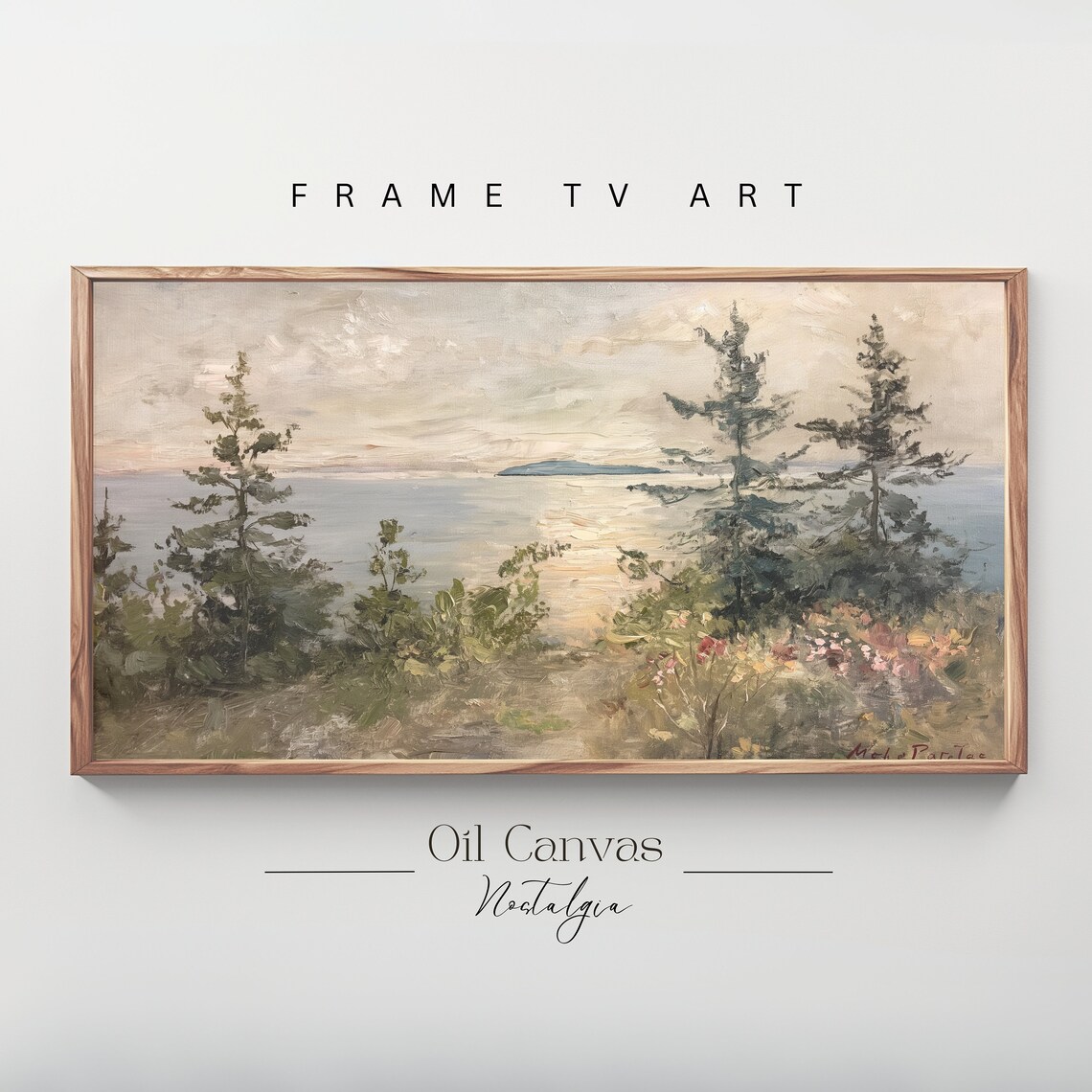 Pine Forest Lake Sunset Muted Coastal Vintage Landscape Travel Poster
