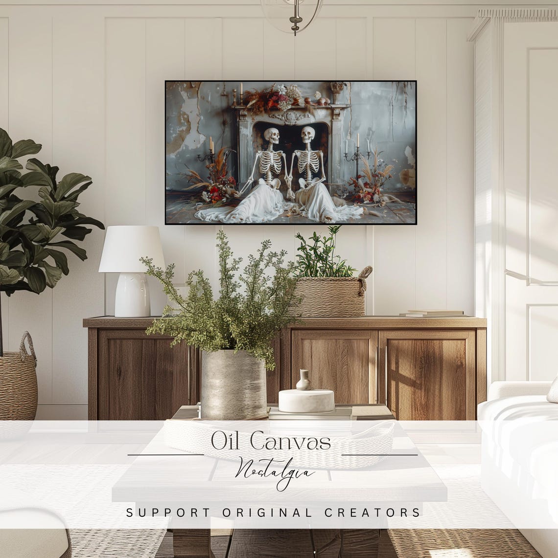 Skeleton Vintage Halloween Frame Tv Art Creepy Dark Academia Painting Spooky Moody Decor - Image 3