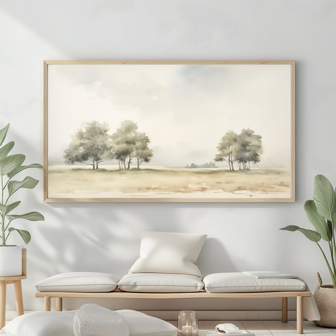 Watercolor Meadow Two Tree Clusters Soft Morning Haze Country Wall Art - Image 2