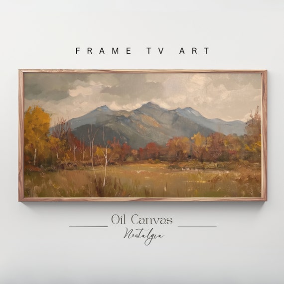 Mountain Landscape Frame Tv Art Moody Oil Painting Neutral Colours Rustic Scenery Farmhouse Decor