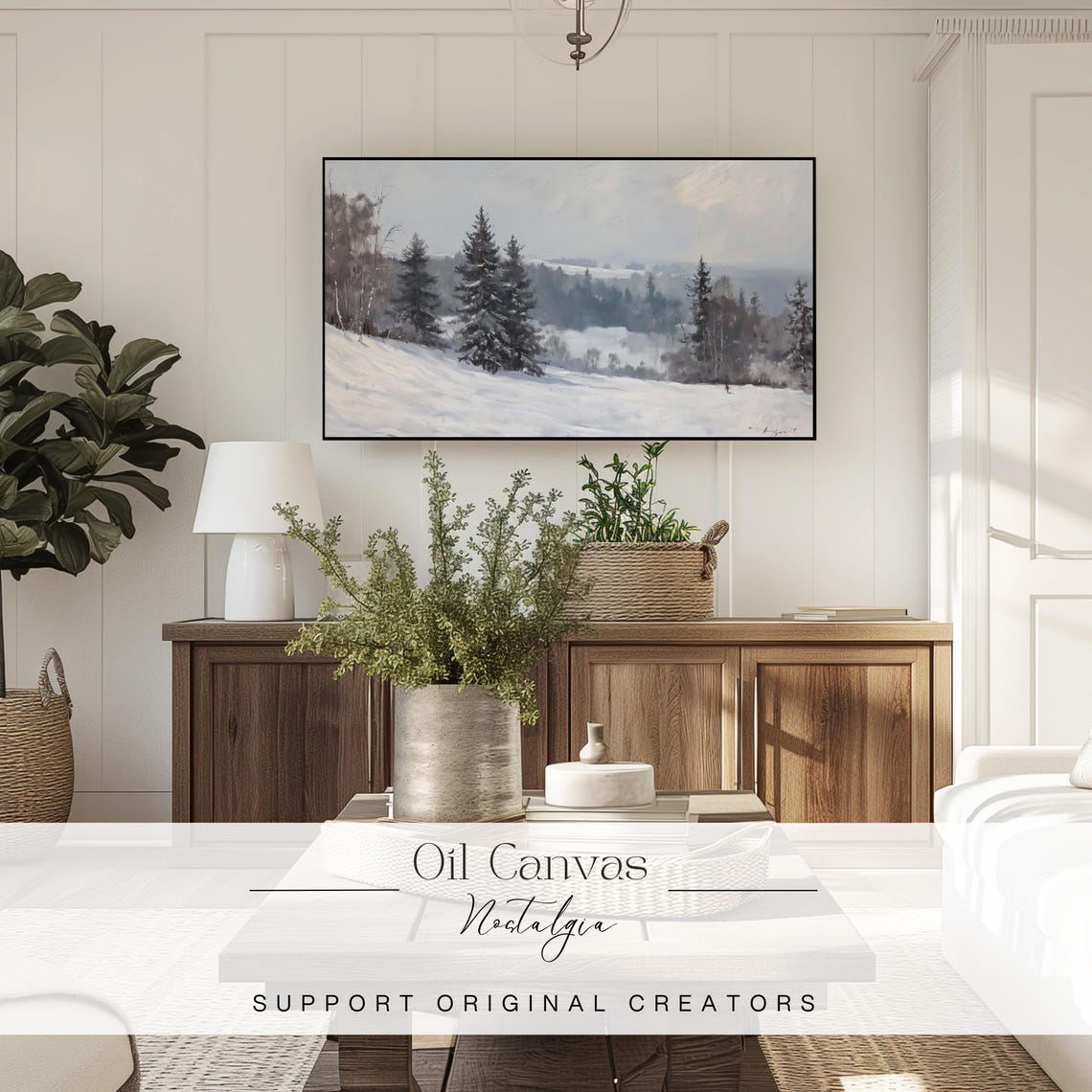 Snowy Pine Forest Valley Misty Winter Landscape Vintage Wall Art - Image 3
