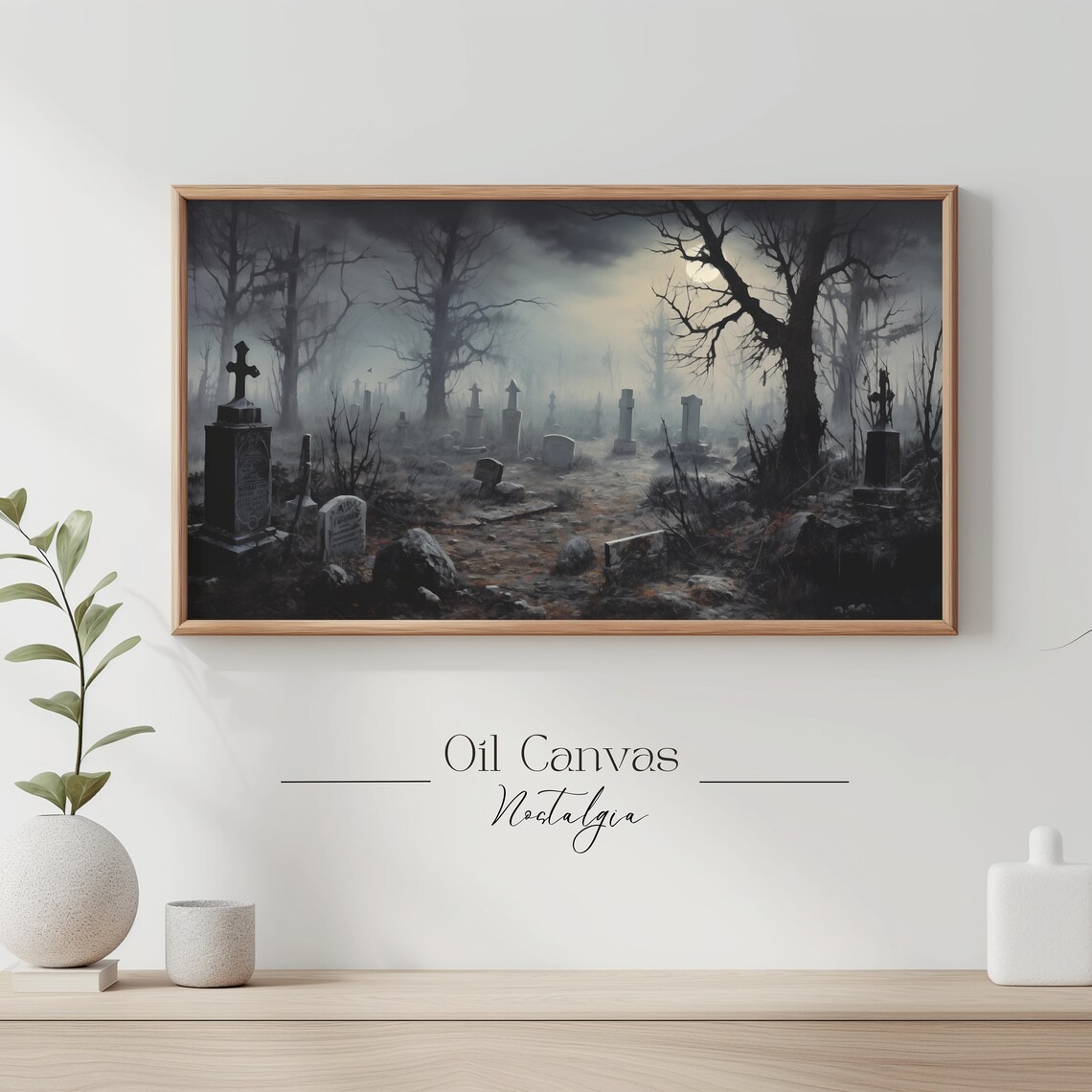 Foggy Moonlit Graveyard Tombstones Bare Trees Dark Gothic Halloween Poster - Image 3