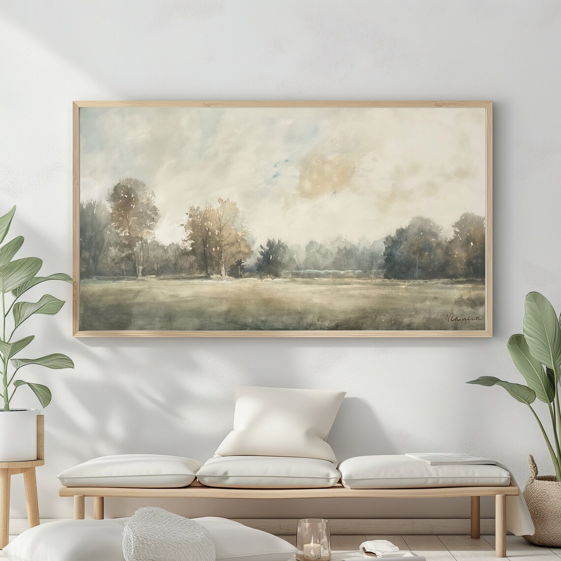 Soft Watercolor Meadow Misty Tree Line Pale Neutral Country Poster - Image 2