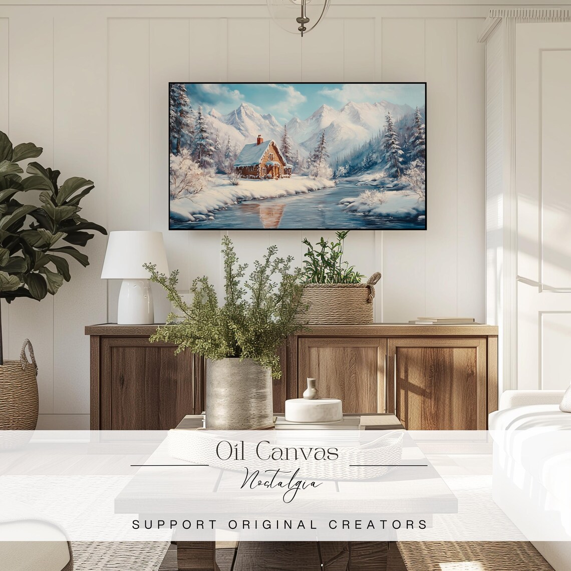 Snowy Winter Cabin River Pine Forest Mountain Landscape Holiday Poster - Image 3