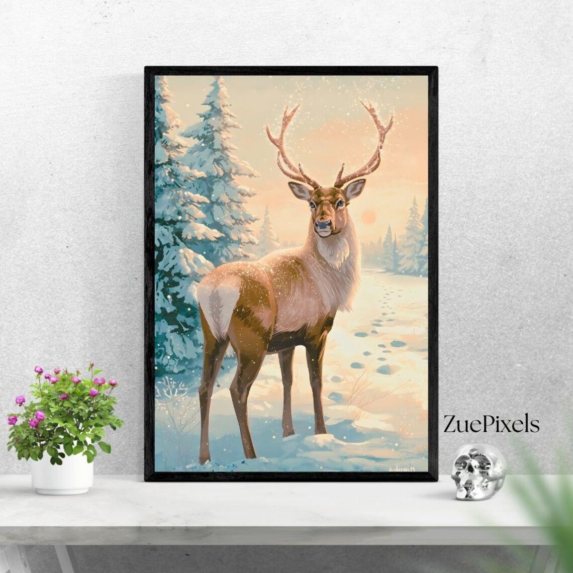 Winter Reindeer Art Print, Christmas Tree