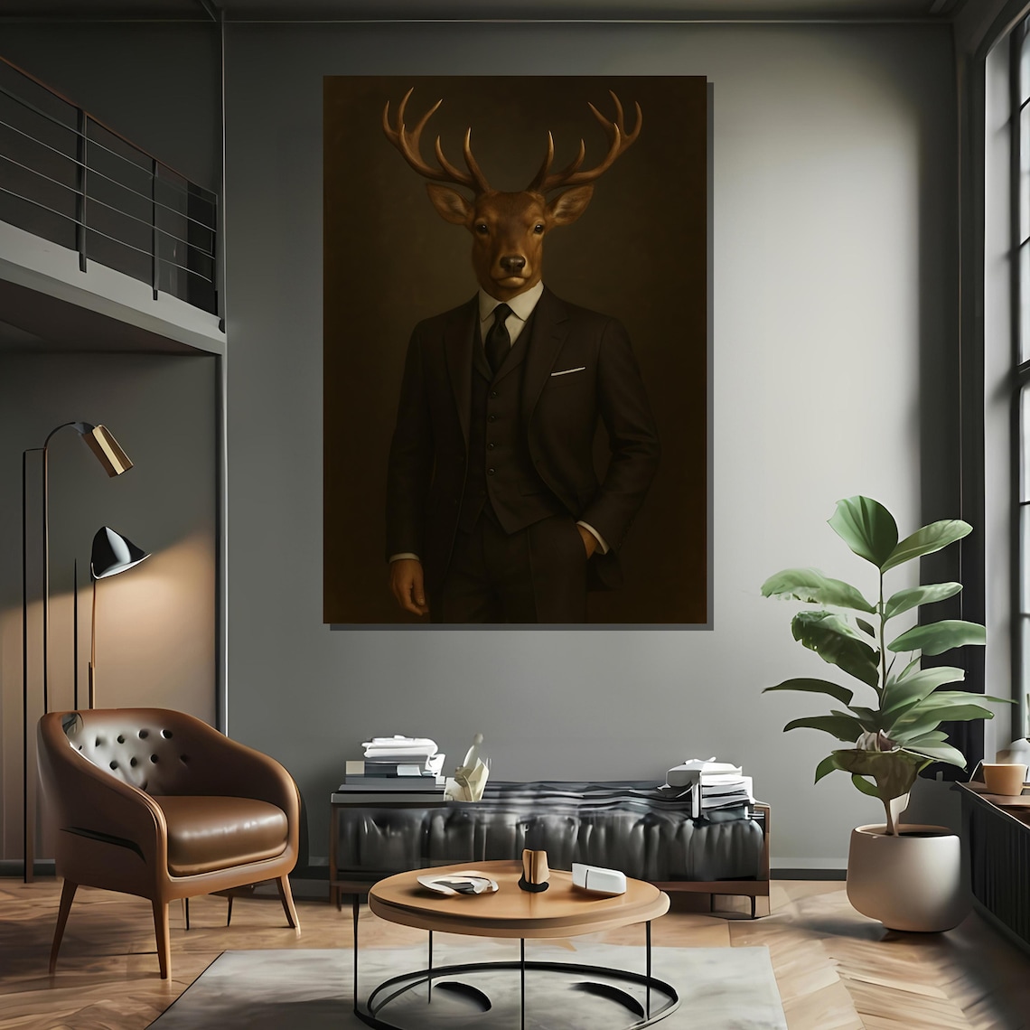 Elegant Deer Gentleman Portrait Art Print - Image 2