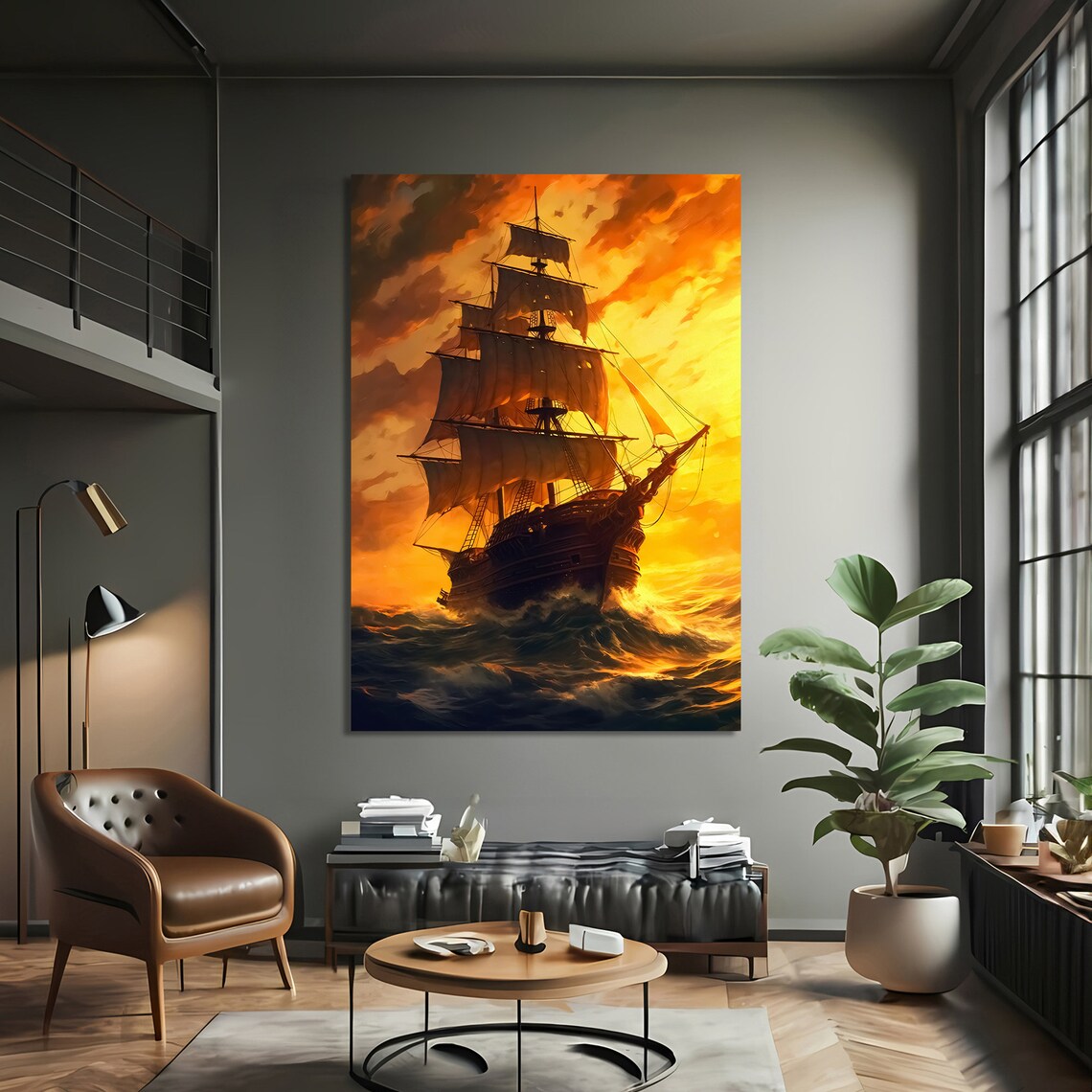 Majestic Sunset Sailing Ship Painting, Nautical Decor - Image 3