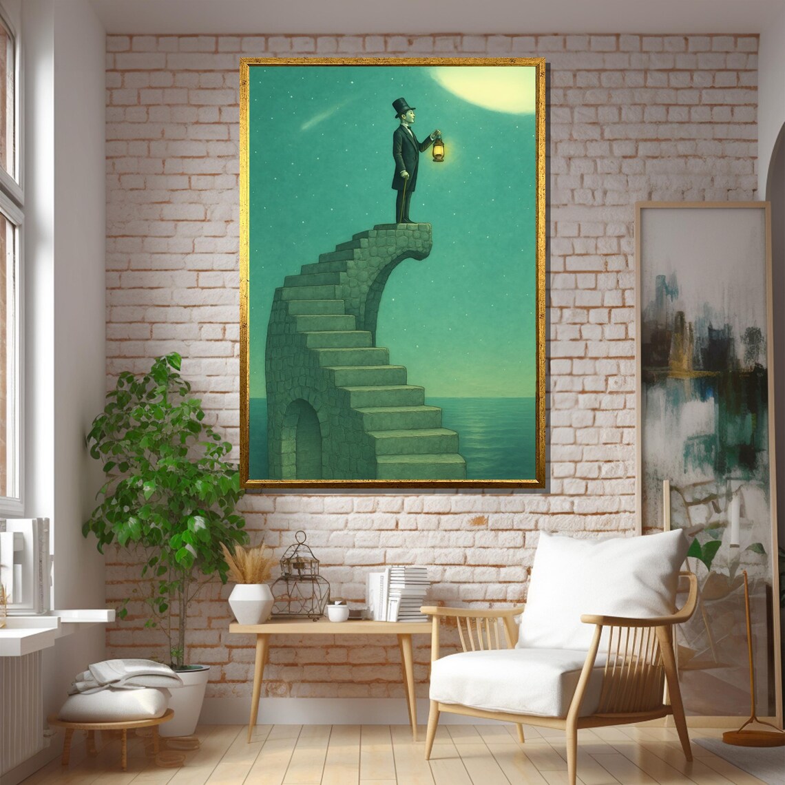 Gentleman with Lantern on Surreal Stairway to the Moon Poster - Image 5