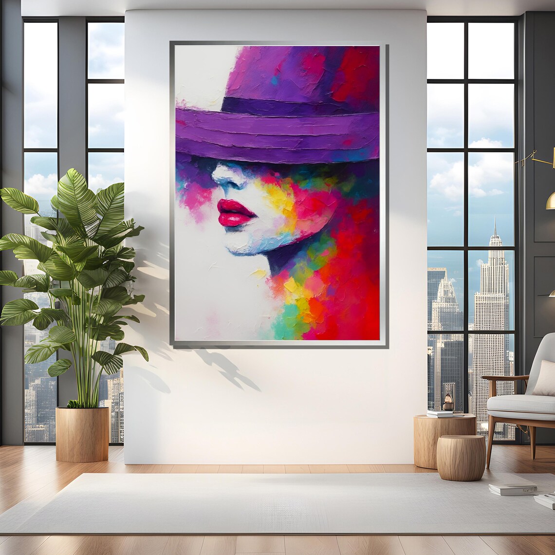 Colorful Woman With Purple Hat, Living Room Decor - Image 4