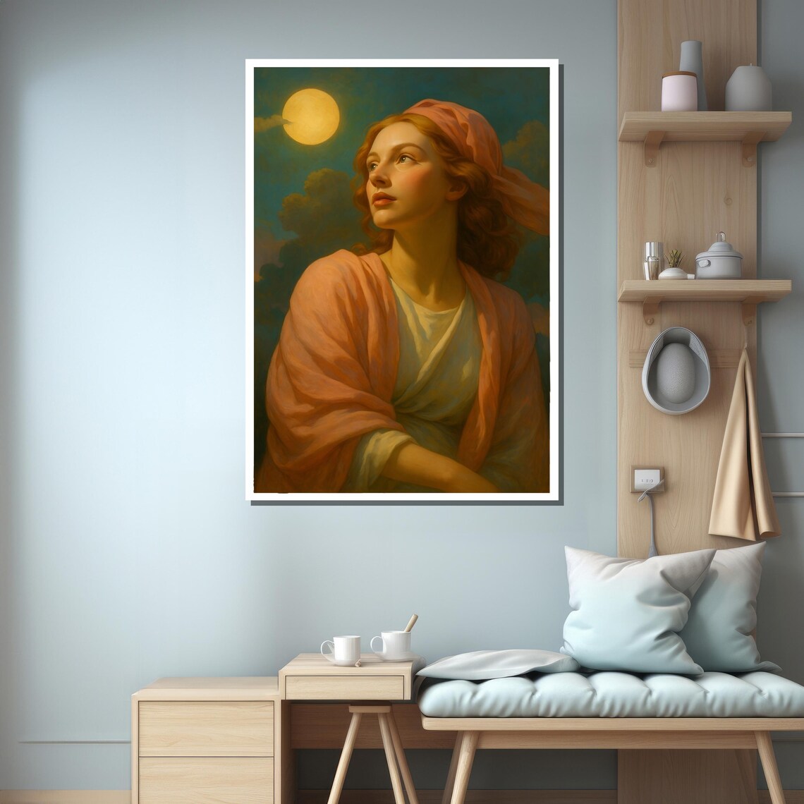 Romantic Woman Under Moonlight in Pink Headscarf Painting Poster - Image 3