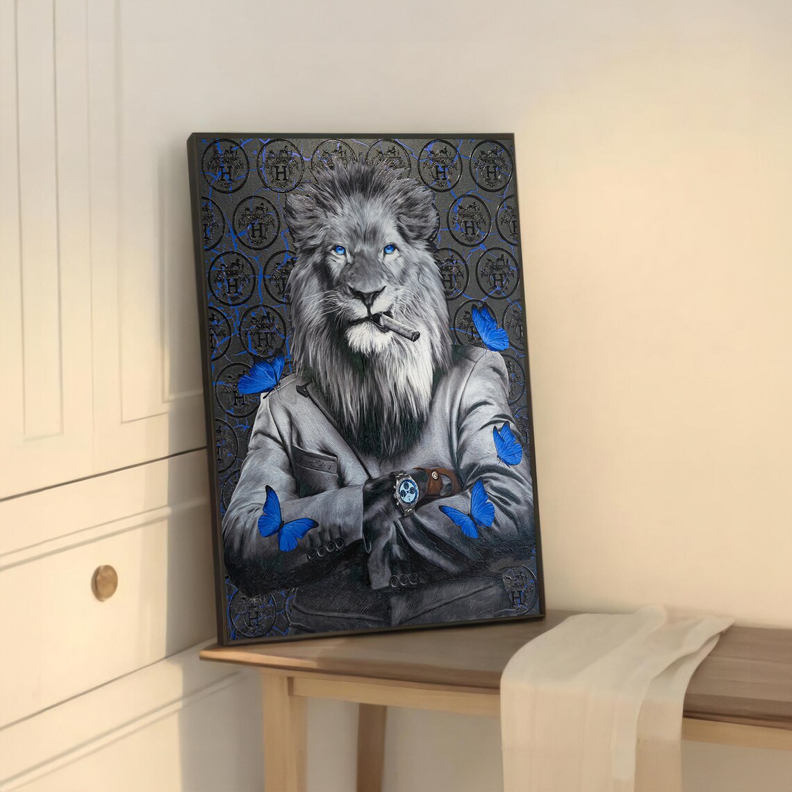 Stylish Lion With Blue Butterflies, Modern Animal Art Print - Image 5