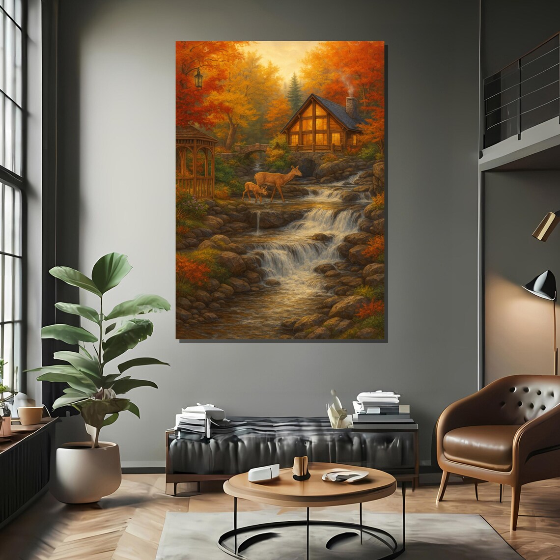 Cabin By Waterfall With Deer, Autumn Forest Art Print - Image 2