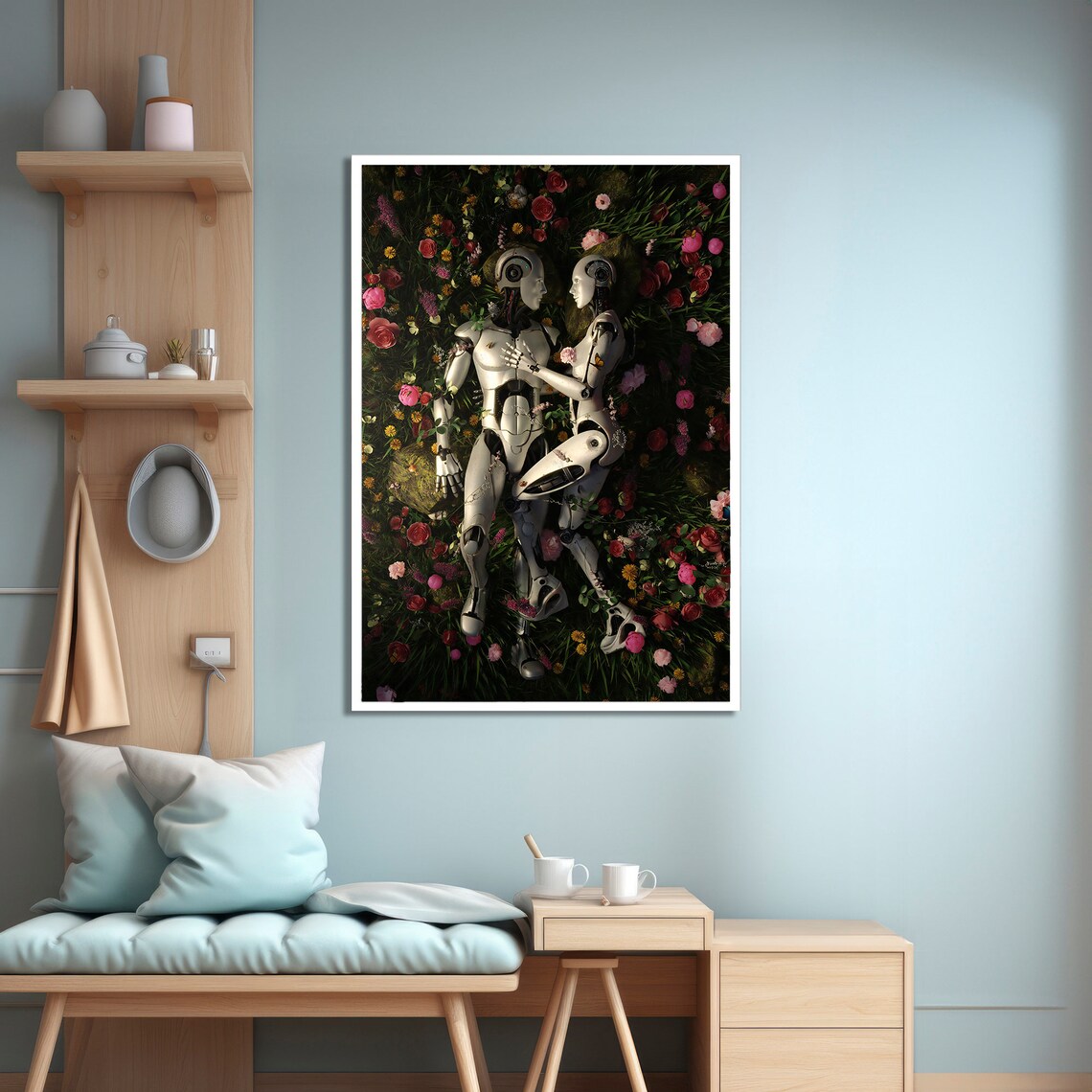 Robotic Lovers Resting in a Flower Field, Art Print - Image 3