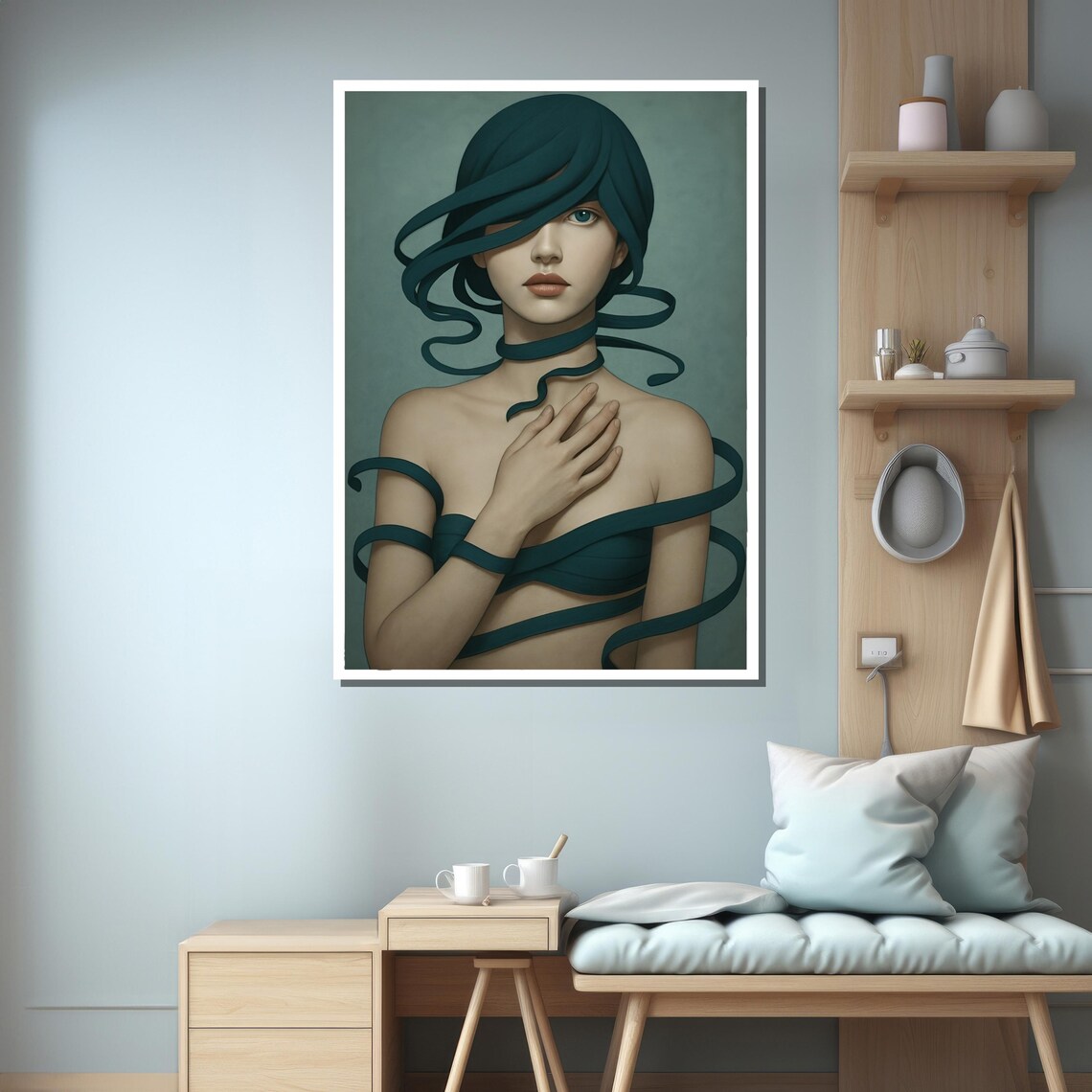 Mysterious Woman Wrapped in Teal Ribbons Surreal Portrait Poster - Image 3
