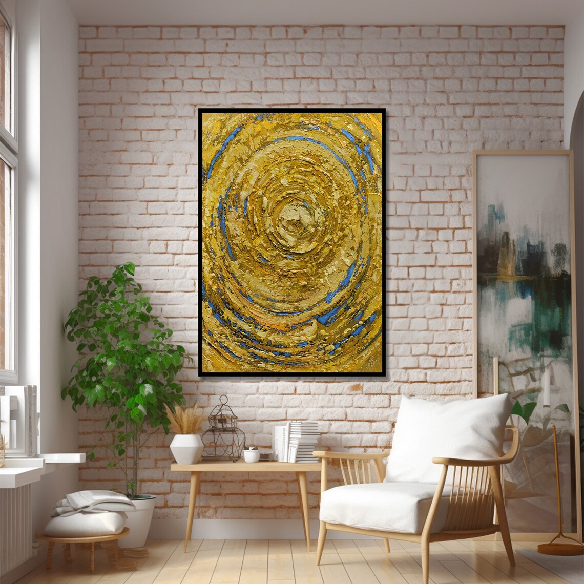 Vibrant Abstract Yellow Swirl, Modern Textured Art Print - Image 2