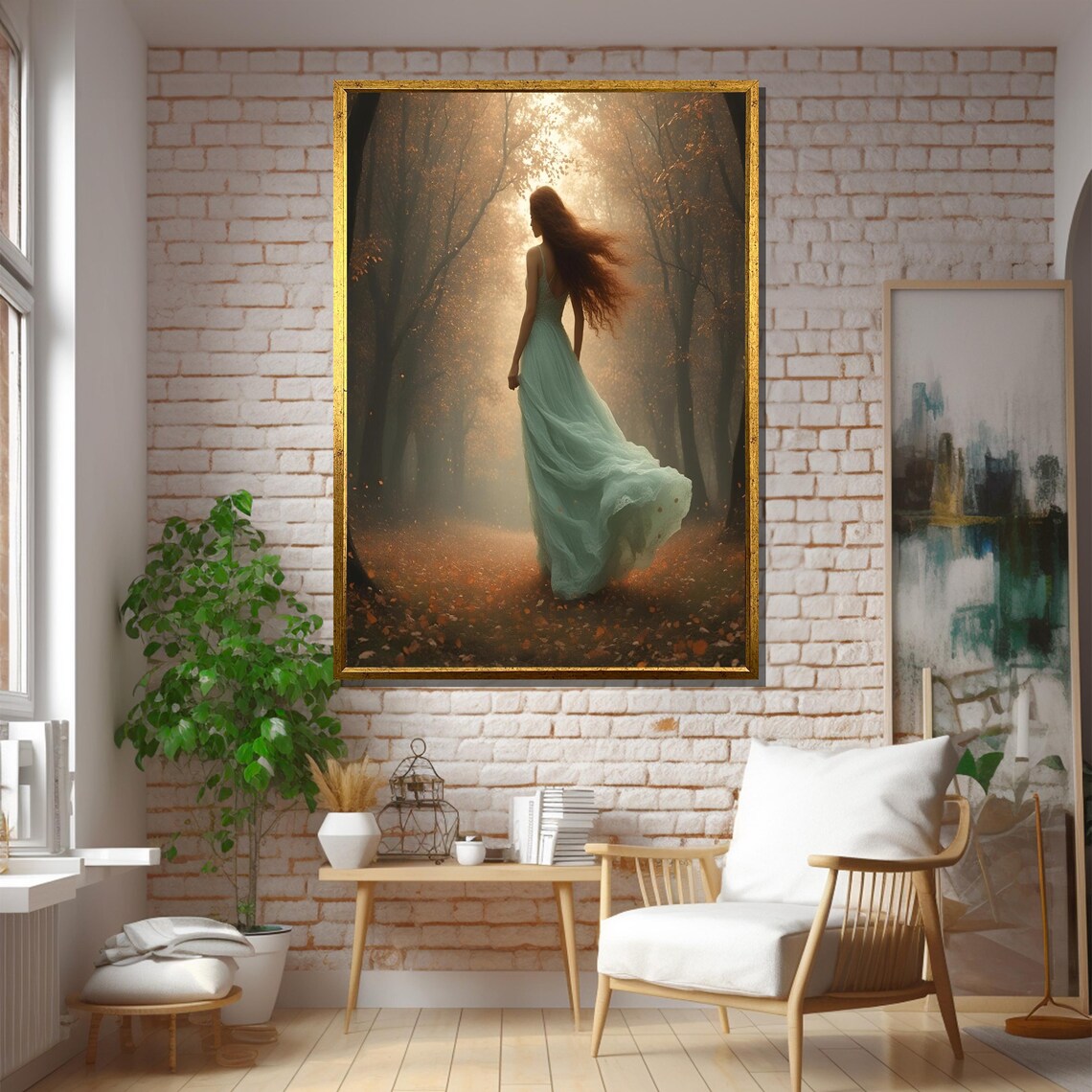 Elegant Woman Walking In Autumn Forest Art Print - Image 5
