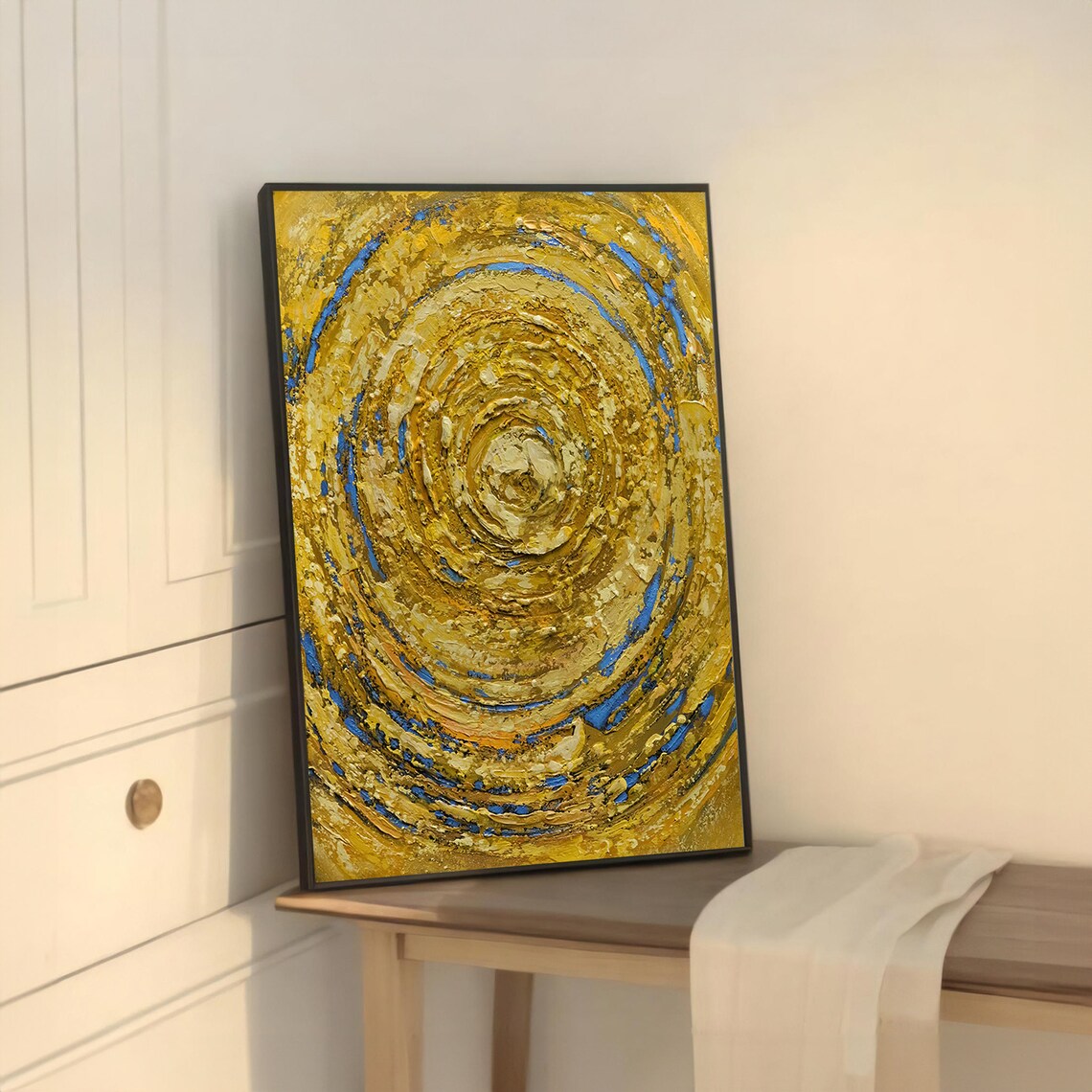 Vibrant Abstract Yellow Swirl, Modern Textured Art Print - Image 5