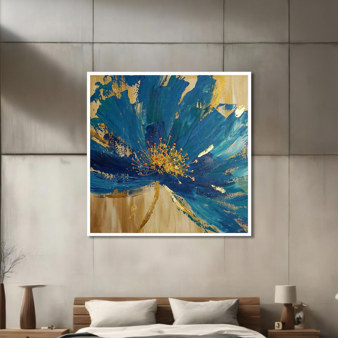 Blue Flower With Gold Details, Modern Floral Art Print - Image 3
