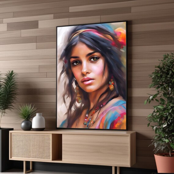 Bohemian Woman Portrait Art Print Framed Or Unframed Ethnic Wall Decor With Colorful Tribal Style