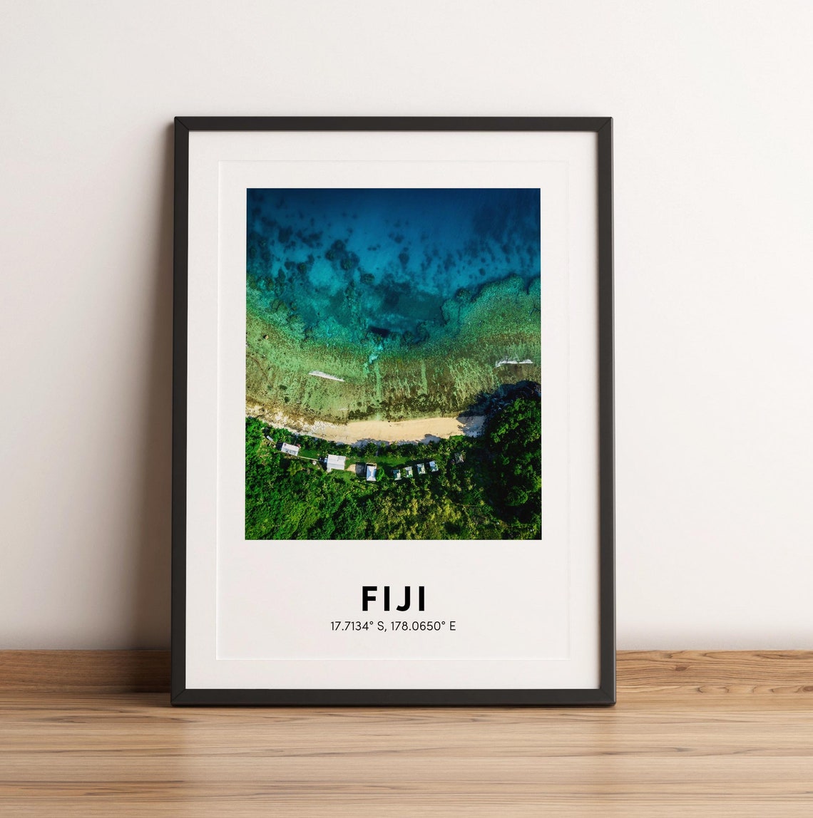 Fiji Aerial Beach Huts Turquoise Lagoon Ocean Photo Travel Poster
