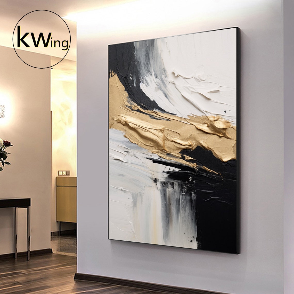 Black White Gold Abstract Texture Painting Ribbon 3D Art Wall Poster - Image 5