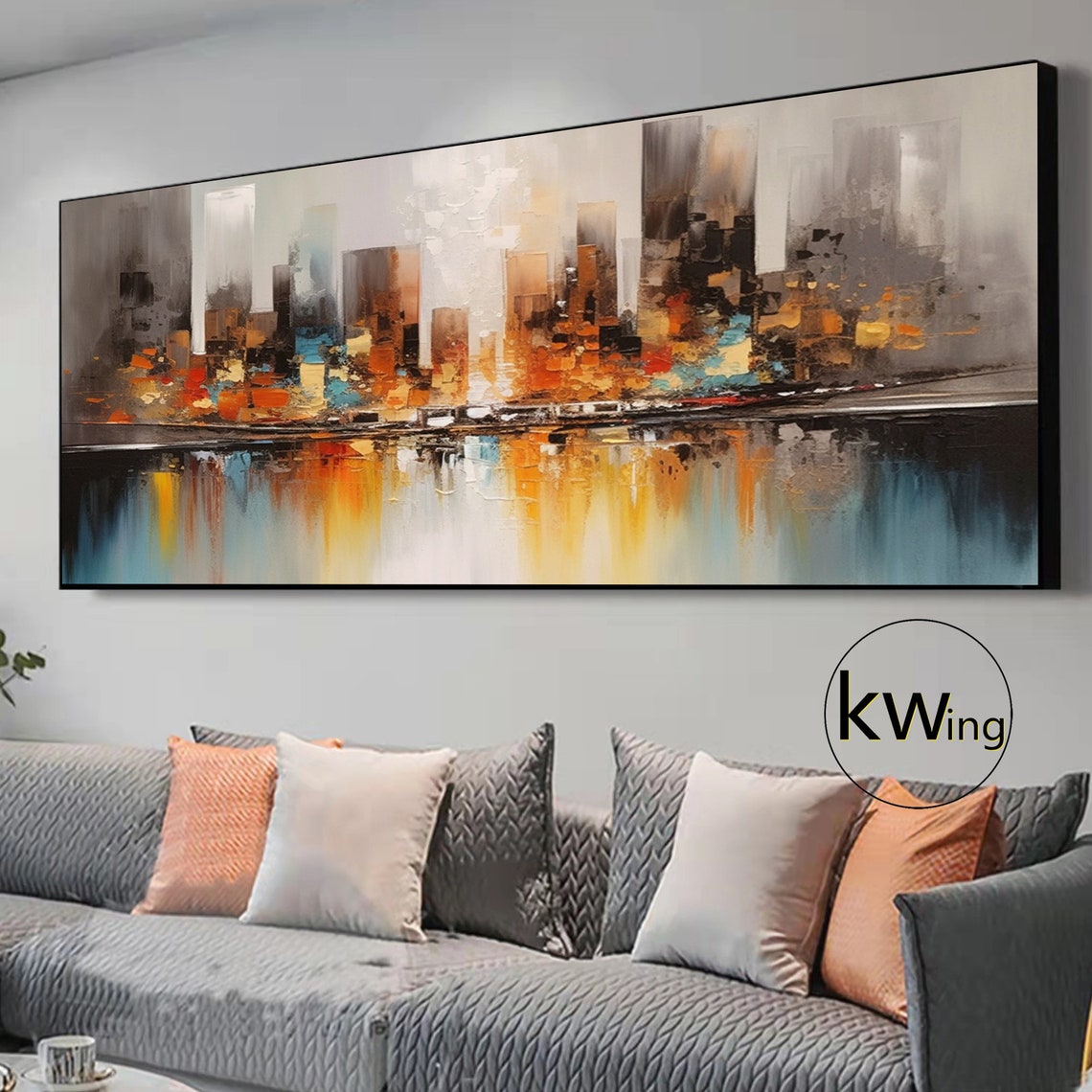 Abstract Urban Skyline Orange Teal Water Reflection Texture Art Poster - Image 2