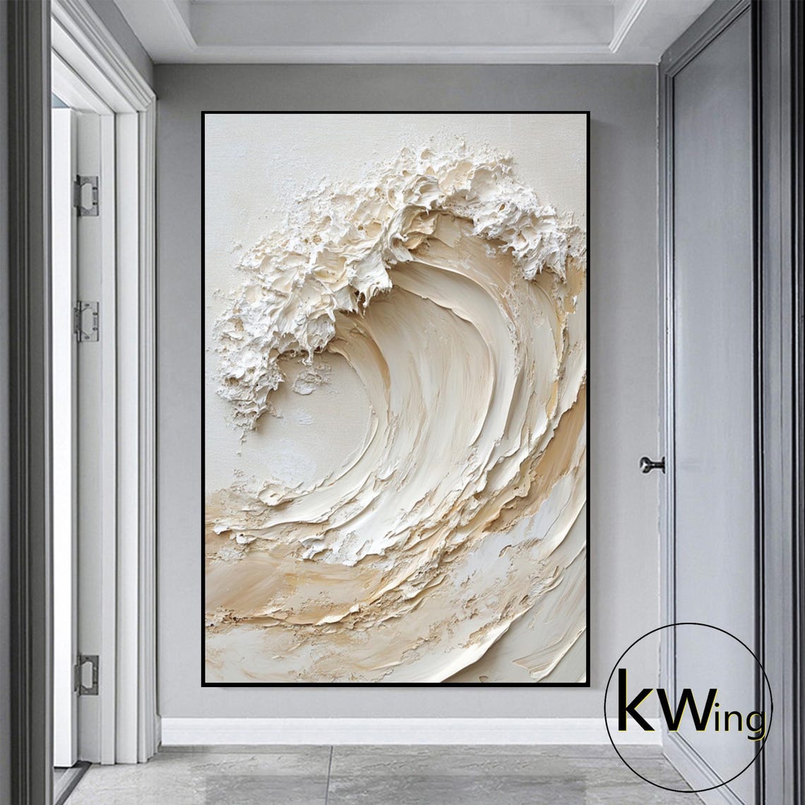 Beige White Curling Ocean Wave 3D Texture Painting Wall Art Poster - Image 2