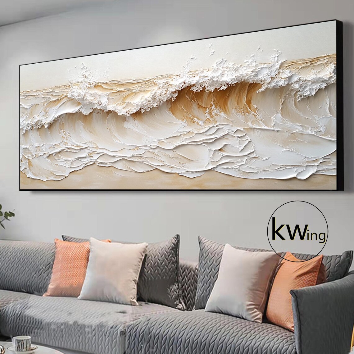 Beige Gold Crashing Ocean Wave 3D Texture Painting Wall Art Poster - Image 4