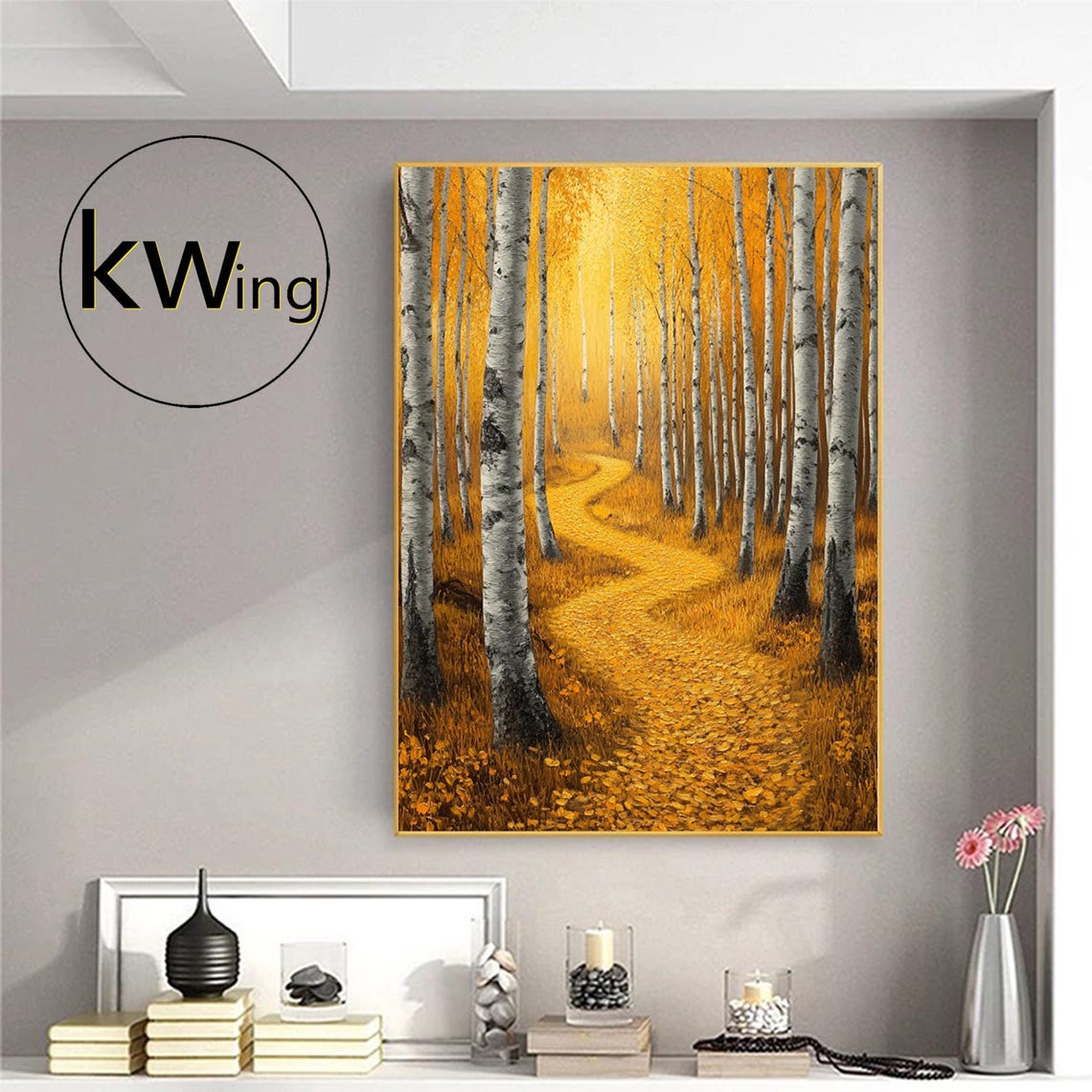 Golden Autumn Birch Forest Path Painting Textured Fall Wall Art Poster - Image 2
