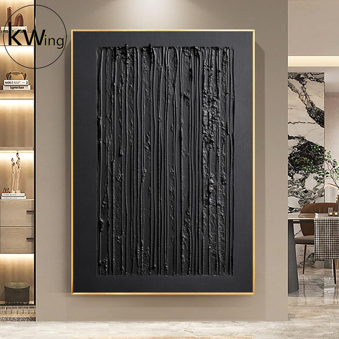 Black Vertical Drip 3D Texture Abstract Painting Moody Dark Art Poster - Image 3