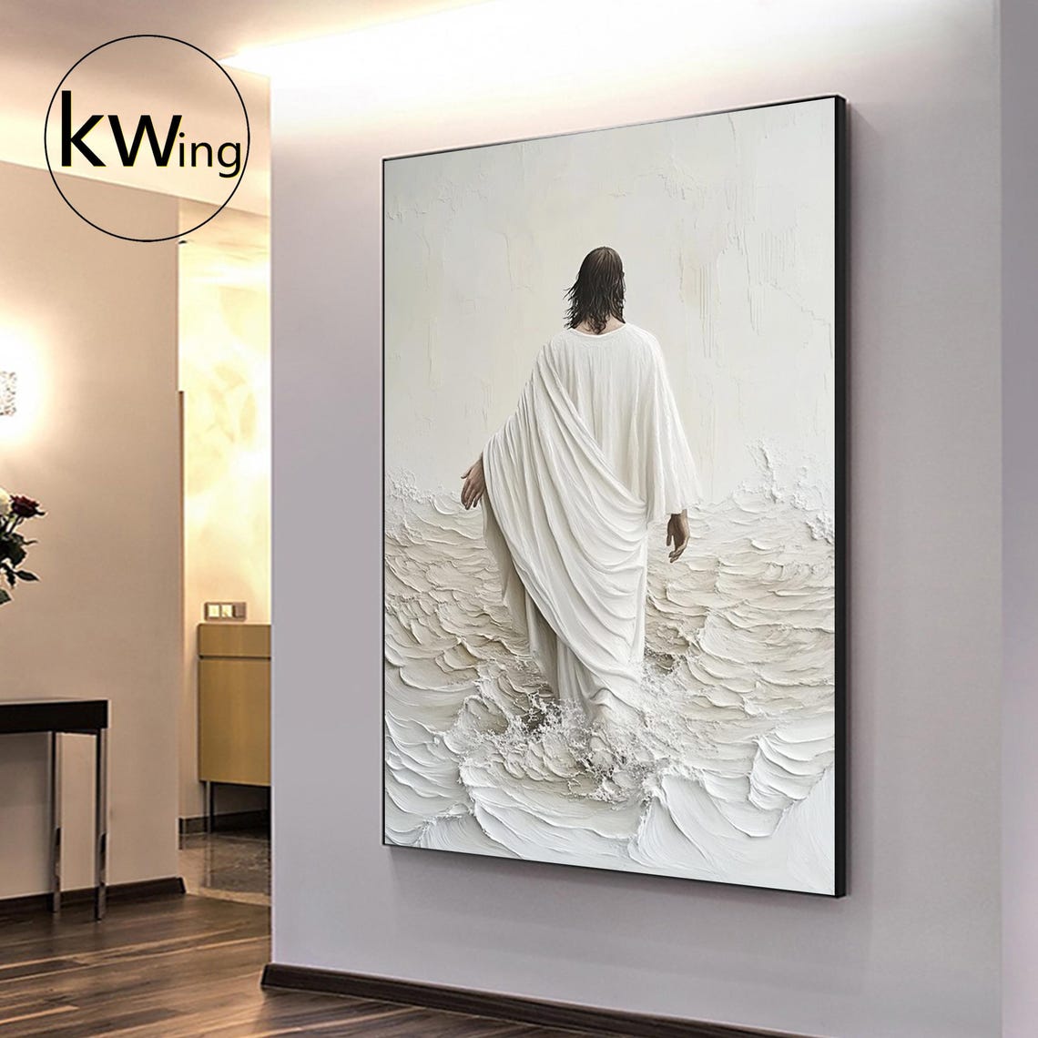 Jesus Walking on White Waves Textured Impasto Faith Wall Art Poster - Image 5