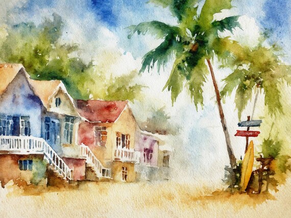 Barbados Watercolor Art Print Coastal Painting Caribbean Travel Gift Tropical Wall Colorful Houses Poster Palm Trees