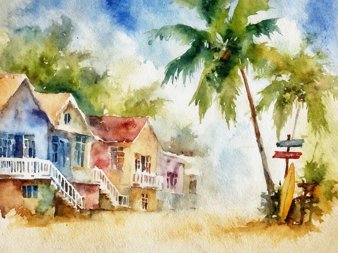 Barbados Caribbean Beach Houses Palm Trees Tropical Watercolor Poster