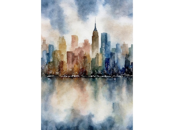 New York City Night Skyline Empire State Watercolor Manhattan Poster