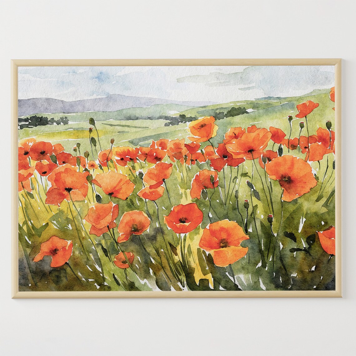 Poppy Field Watercolor Print, Red Poppies Landscape