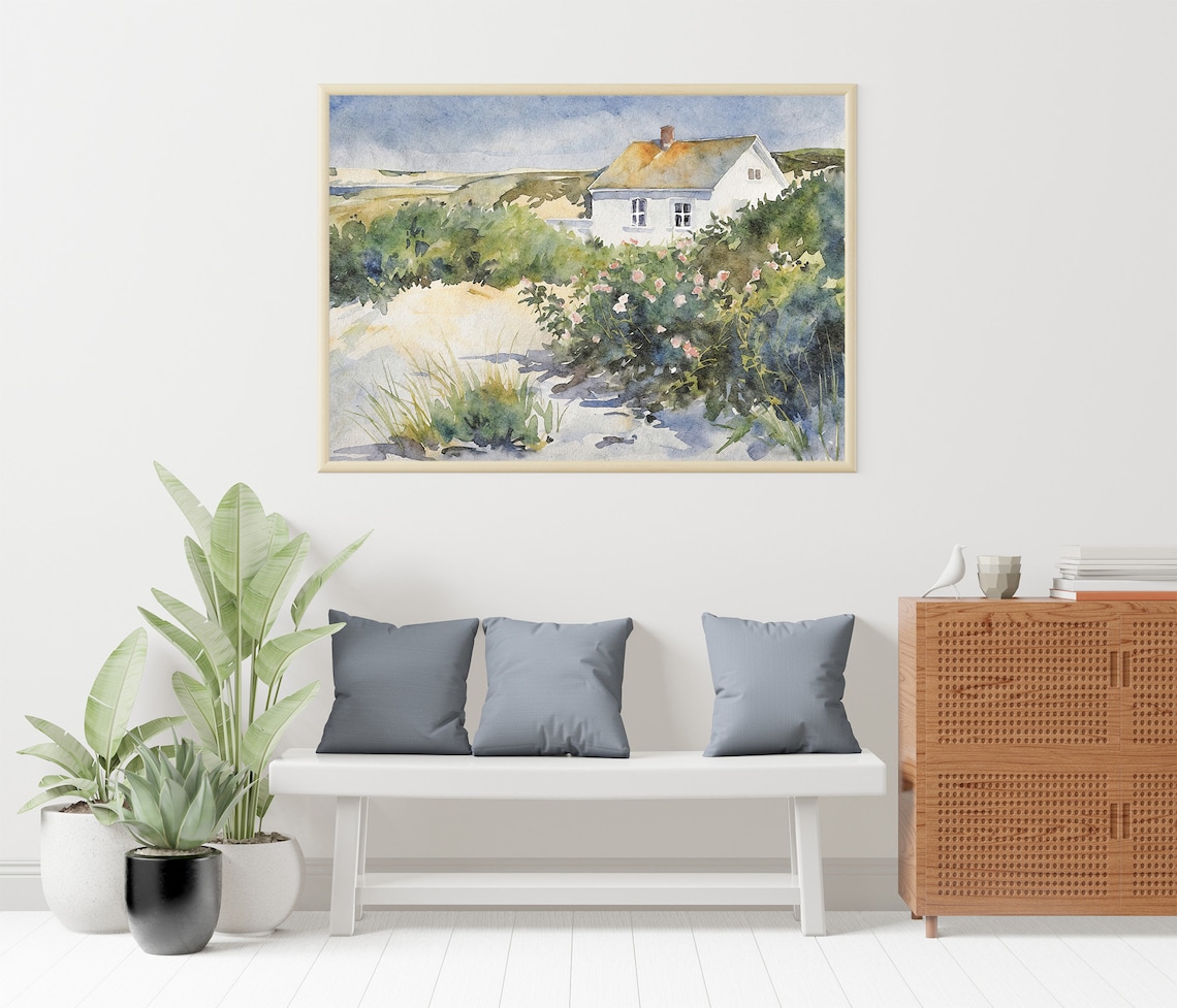 Cape Cod Watercolor Beach Scene with Wildflowers Art Print - Image 5