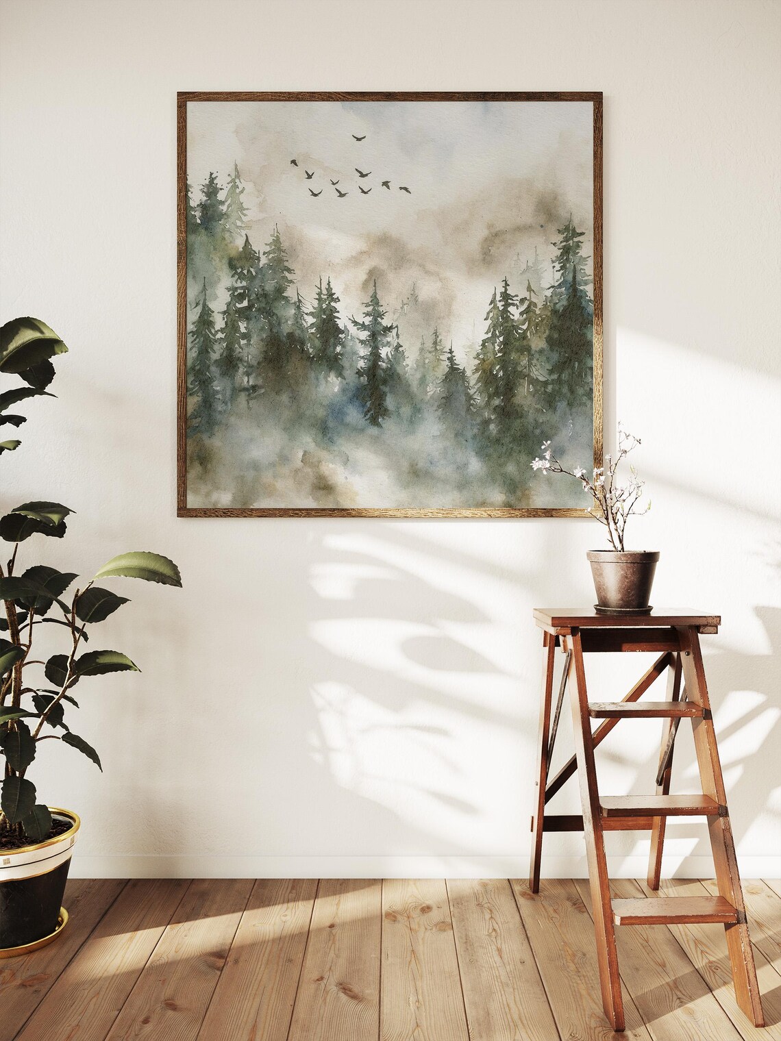 Misty Evergreen Forest Flying Birds Foggy Pine Watercolor Art Poster - Image 5