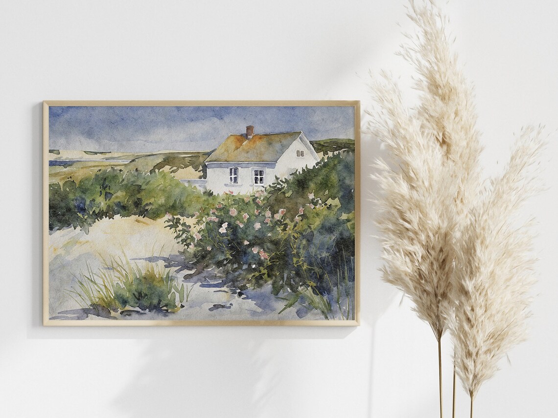 Cape Cod Watercolor Beach Scene with Wildflowers Art Print - Image 3