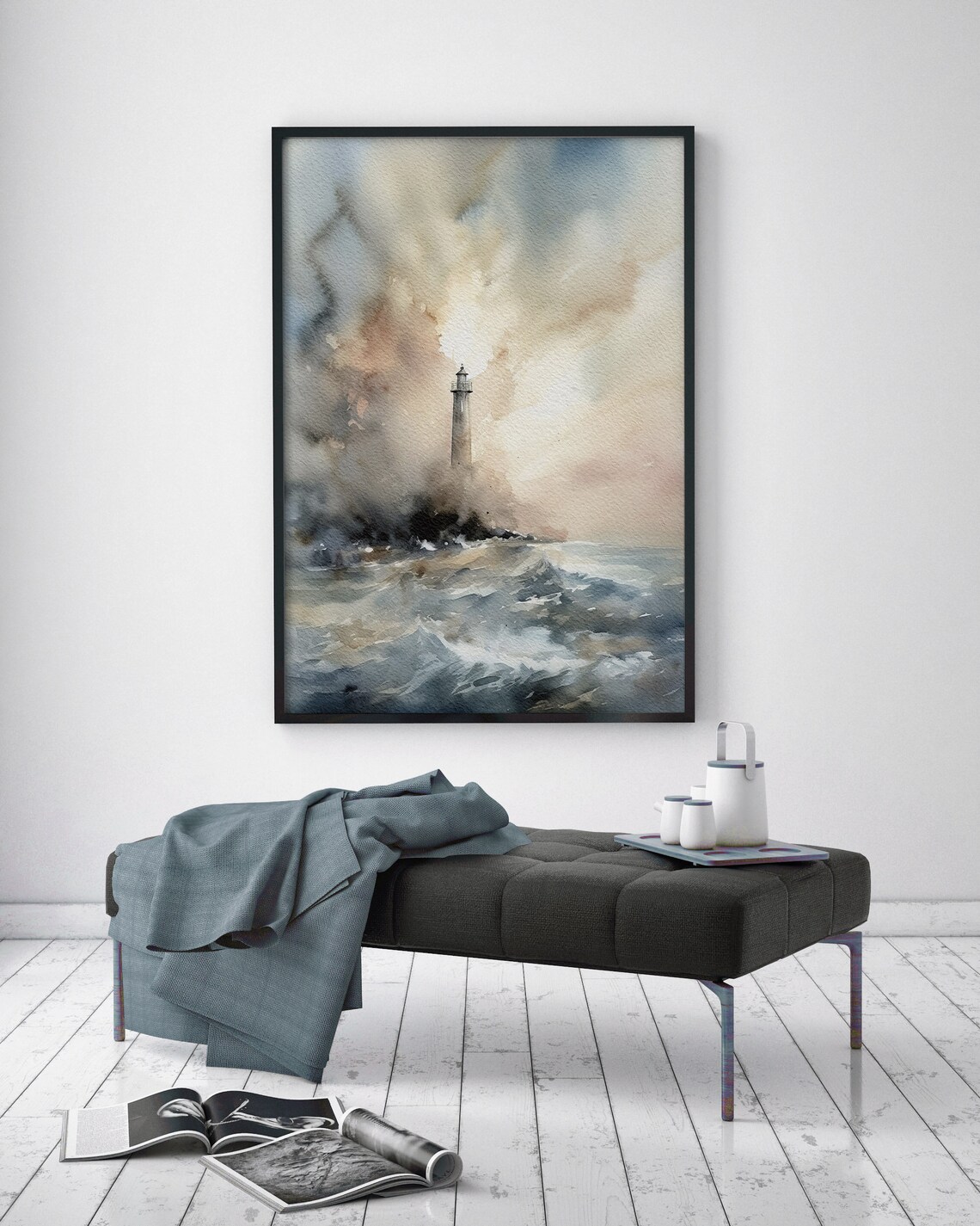 Lighthouse Stormy Ocean Waves Misty Seascape Watercolor Painting Wall Poster - Image 4