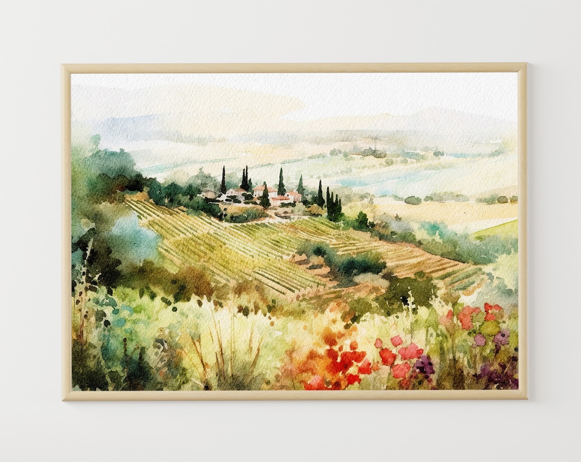 Tuscany Vineyards Watercolor Landscape Art Print