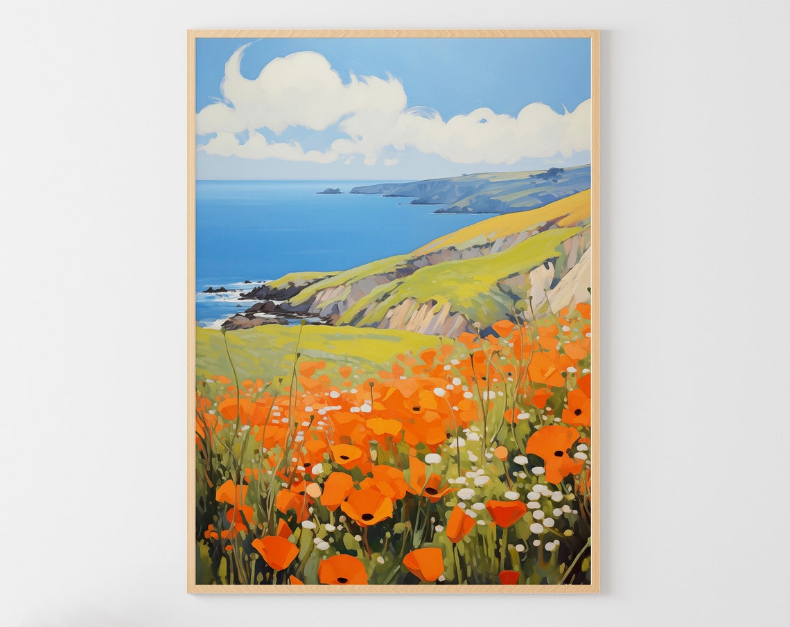 Big Sur California Orange Poppy Meadow Ocean Cliffs View Art Poster