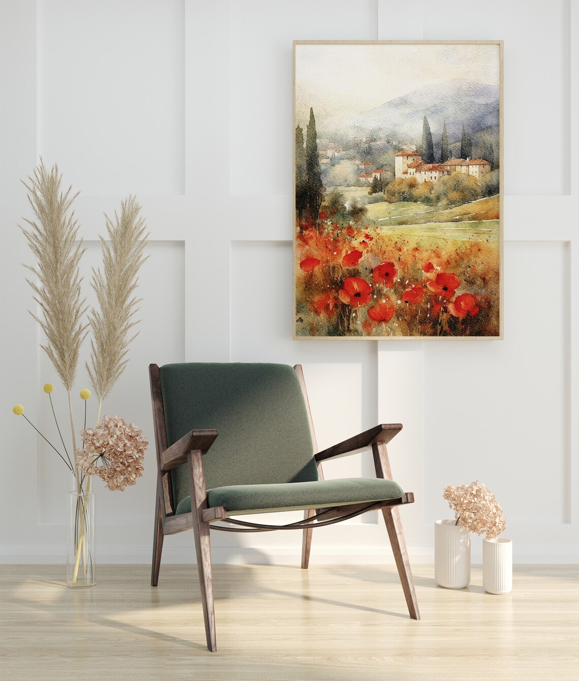Tuscan Watercolor Poppy Landscape Art Print, Italy - Image 3