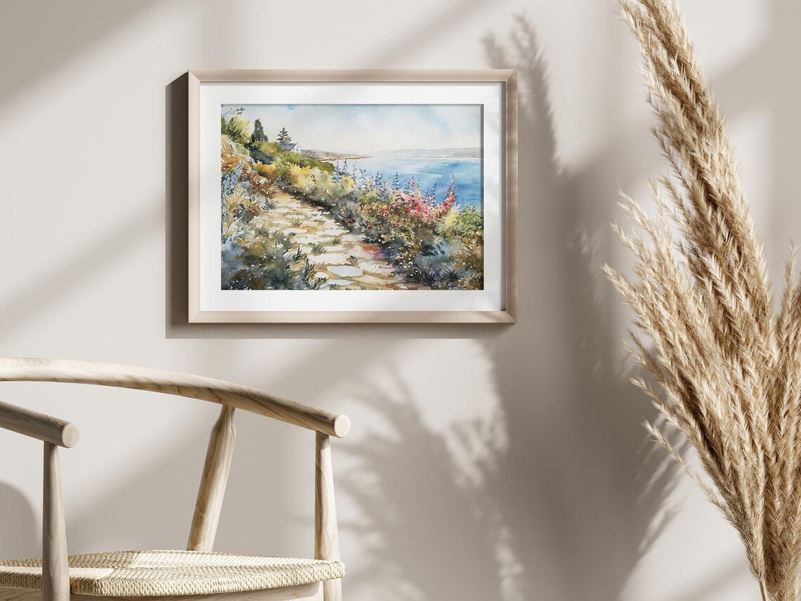 Coastal Garden Path Wildflowers Leading to Blue Sea Watercolor Poster - Image 4