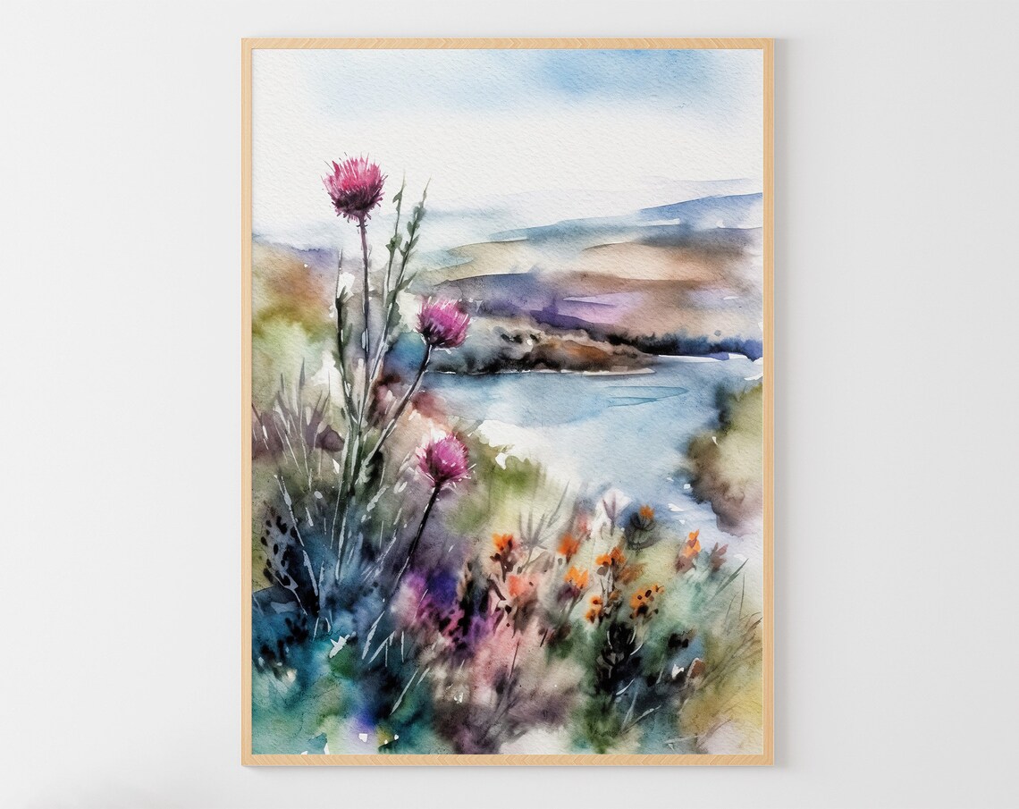 Thistle Watercolor Art Print, Scottish Landscape