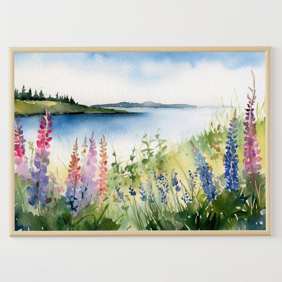 Deer Isle Lupine Meadow Watercolor, Maine Art Print