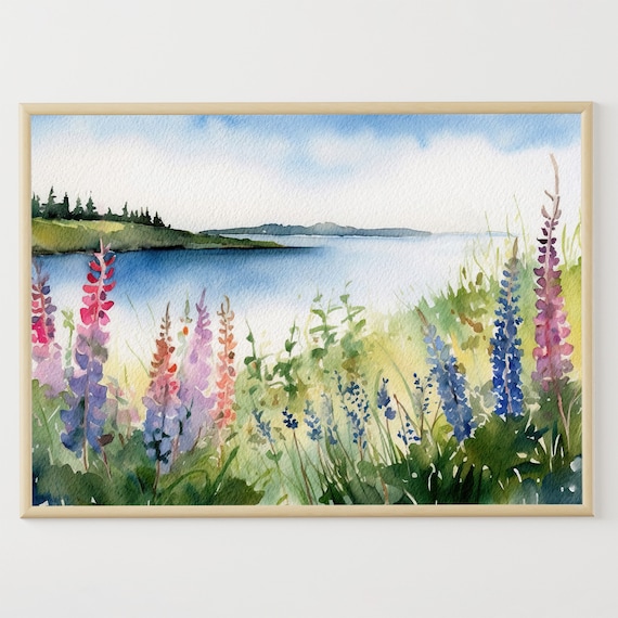 Deer Isle Lupine Meadow Watercolor, Maine Art Print