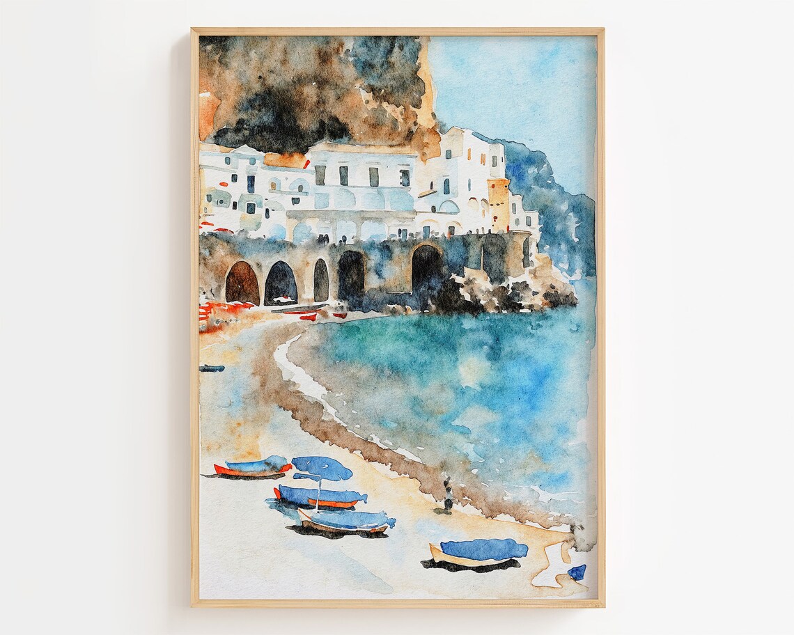 Amalfi Coast Watercolor Art Print, Atrani Italy
